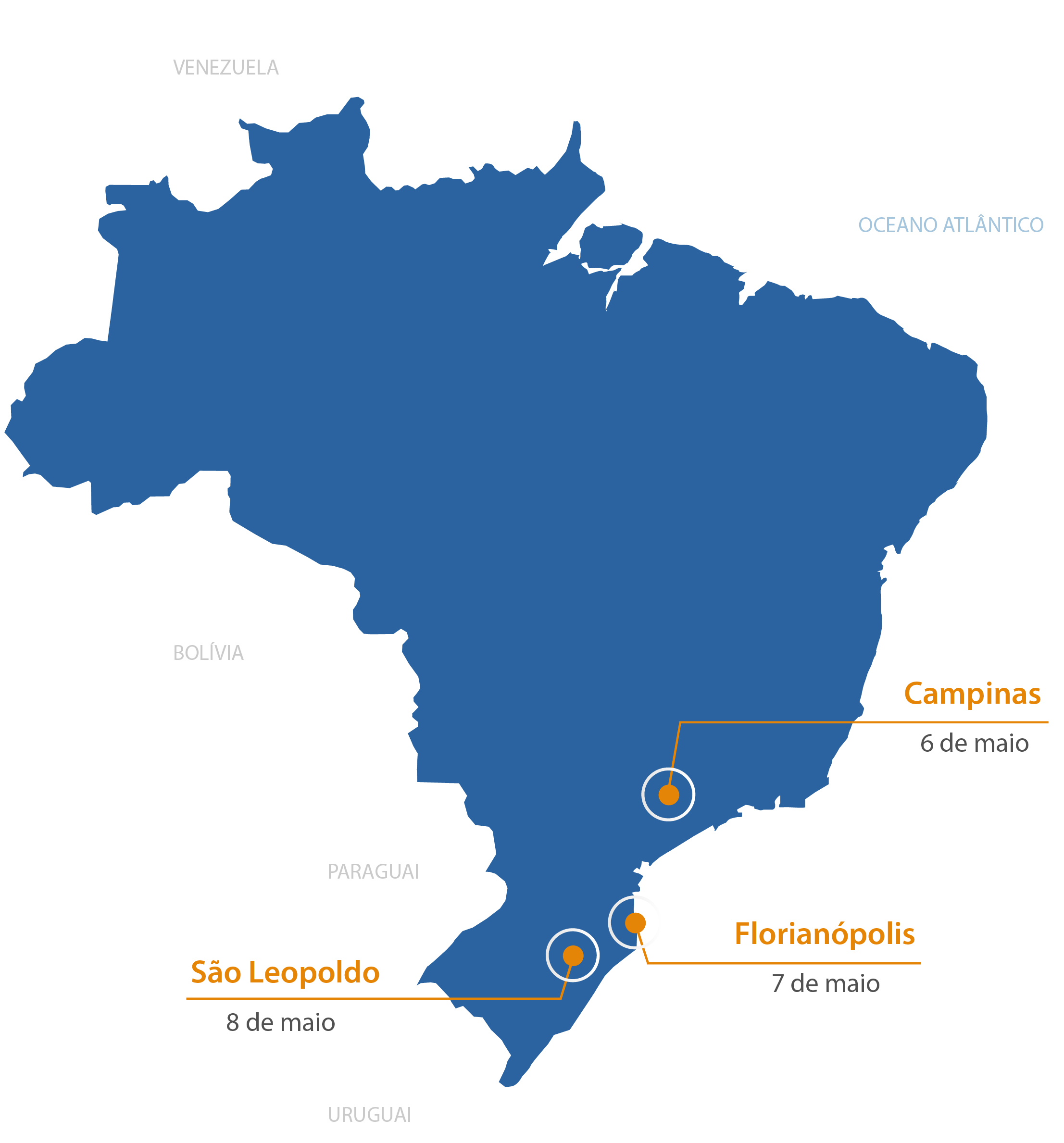 Mapa do Brasil apontando as datas e locais das imersões