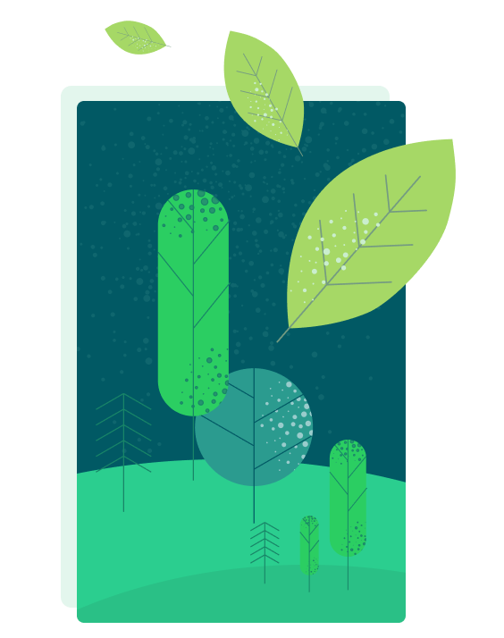 ilustração relativa ao meio ambiente, com árvores e folhas