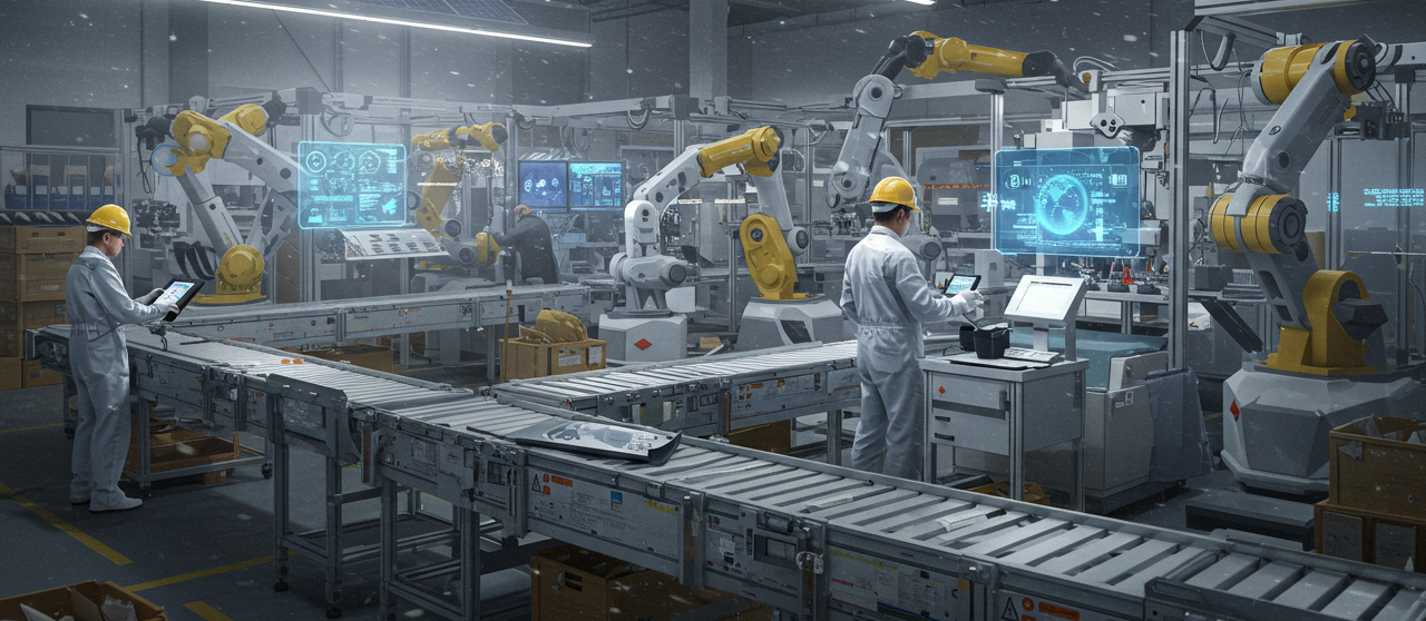 Fábrica inteligente de Indústria 5.0 com robôs e humanos colaborando em linha de produção automatizada e tecnologias digitais avançadas.