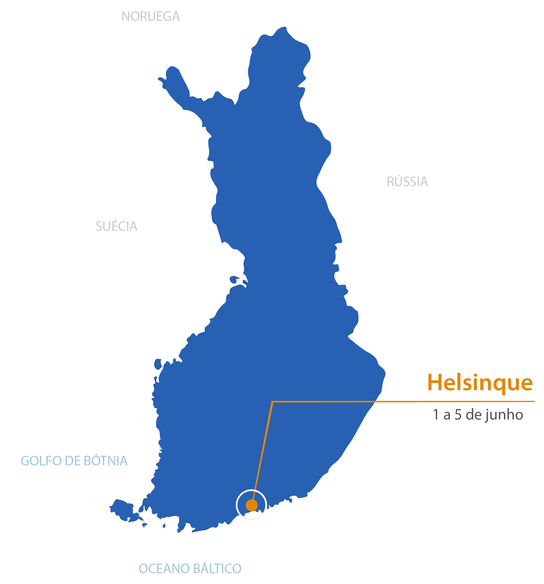 Mapa da Finlândia apontando as datas e locais das imersões