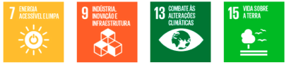 Objetivos do Desenvolvimento Sustentável da ONU: 7 - Energia Acessível e Limpa; 9 - Indústria, Inovação e Infraestrutura; 13 - Combate às alterações climáticas; 15 - Vida sobre a Terra