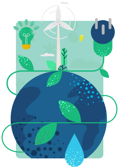 ilustração relacionada à mudança do clima, com árvores, turbina de usina de energia eólica, lâmpada referente à inovação e globo terrestre