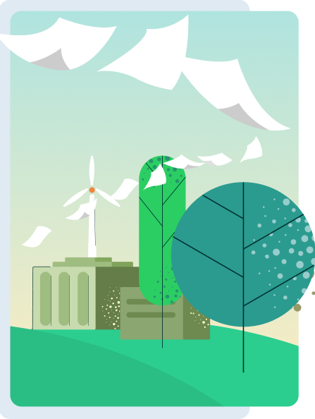 ilustração relacionada à mudança do clima, com árvores e usina de energia eólica