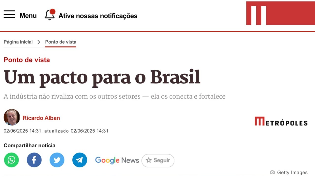 No Metrópoles: Ricardo Alban defende pacto nacional para o desenvolvimento