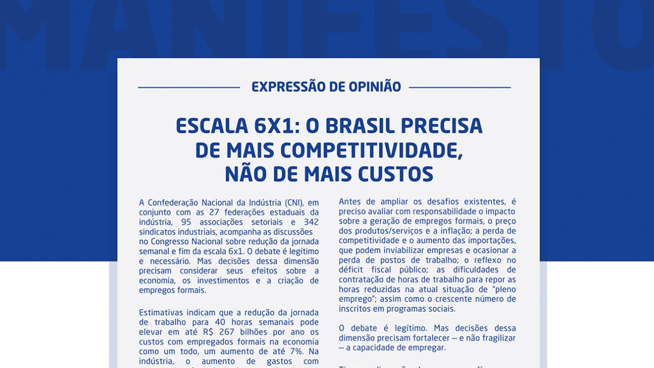 CNI e mais de 400 entidades assinam manifesto contra mudanças na jornada de trabalho