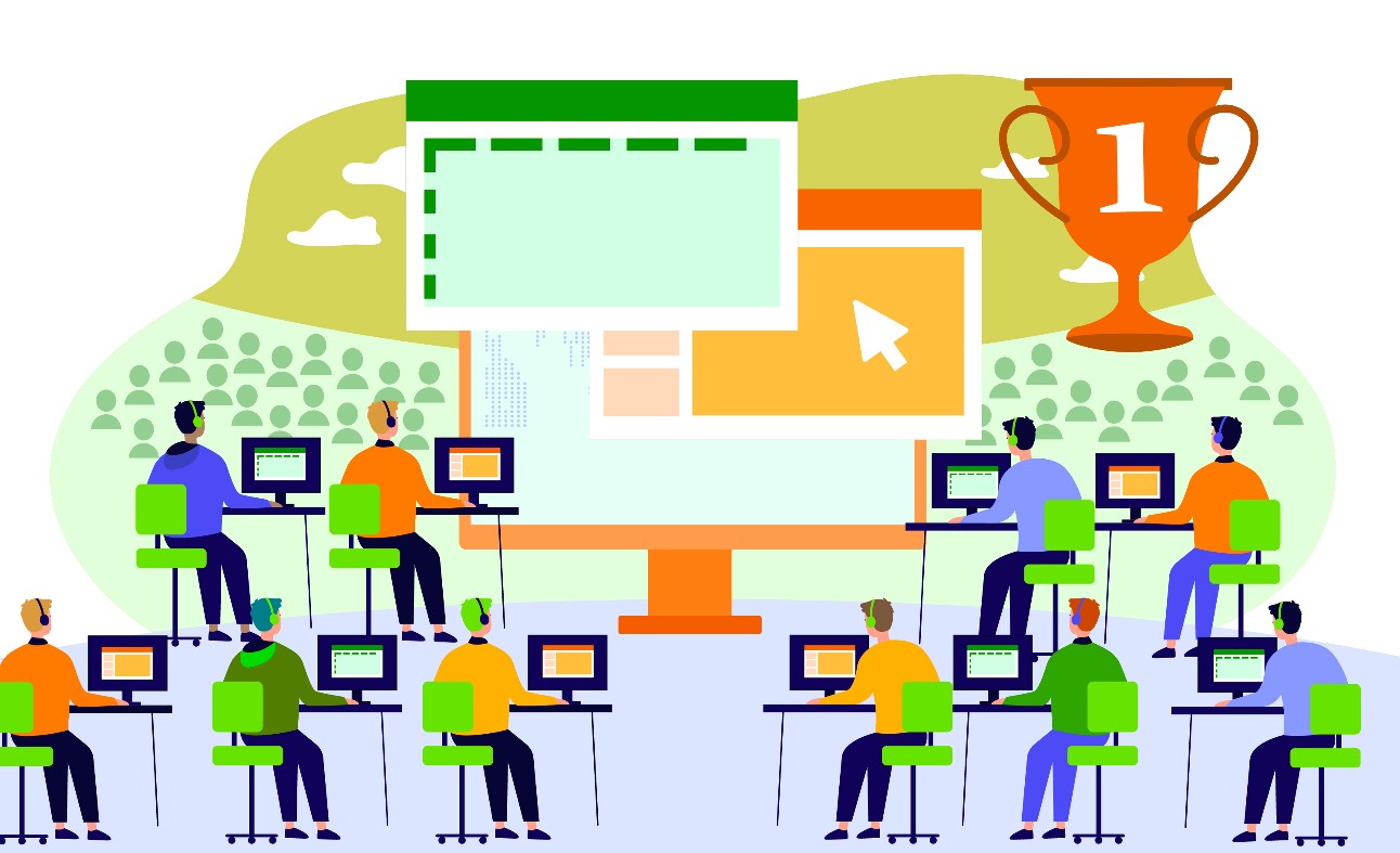 ilustração: pessoas sentadas numa sala de computadores