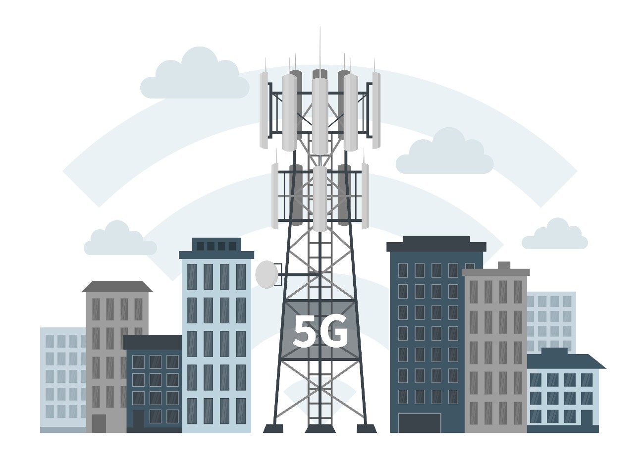 Ilustração de antena com o símbolo do 5G e ao fundo prédios representando uma cidade inteligente