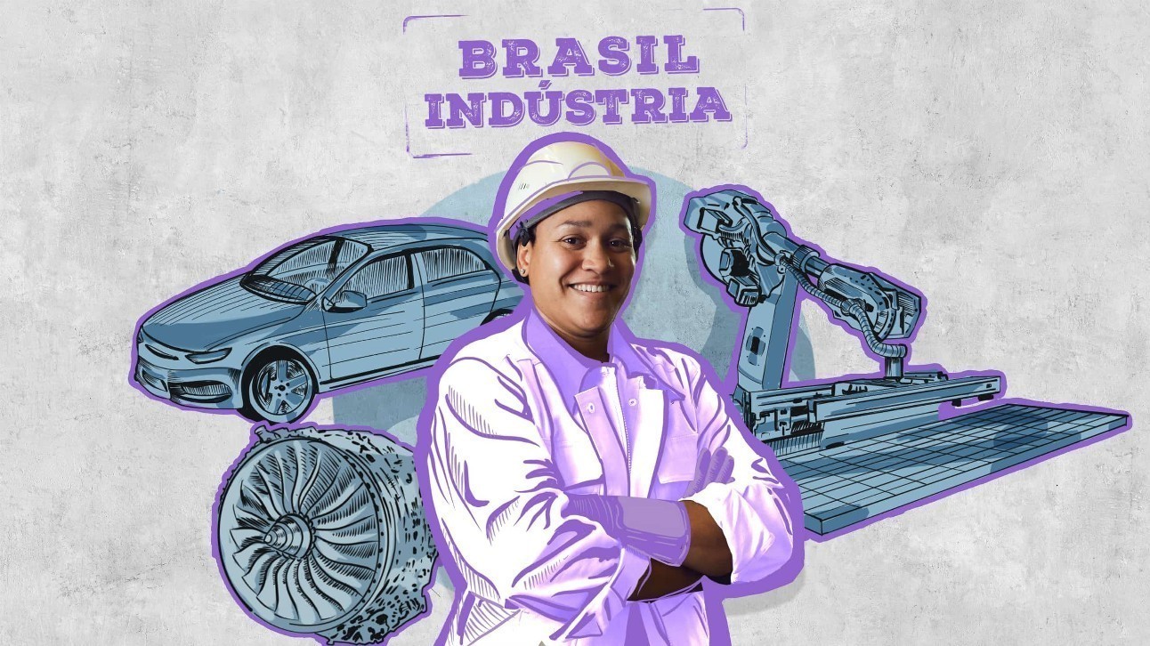 Ilustração com fotografia de mulher negra com equipamento de segurança escrito "Brasil Indústria" ao fundo