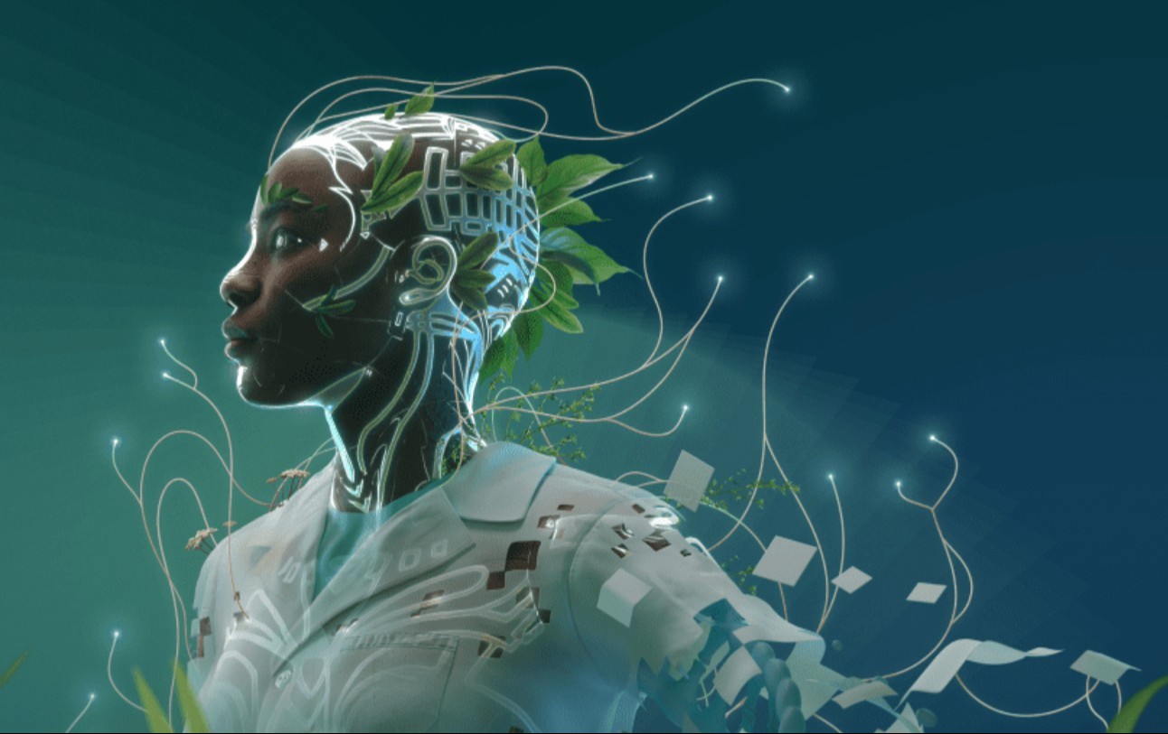 arte digital de uma mulher negra robótica, com alguns fios de tecnologia e plantas saindo do corpo