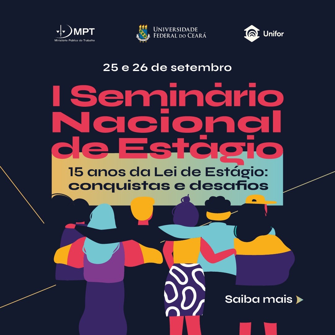 banner colorido escrito I Seminário Nacional de Estágio, com ilustrações de quatro pessoas de costa.