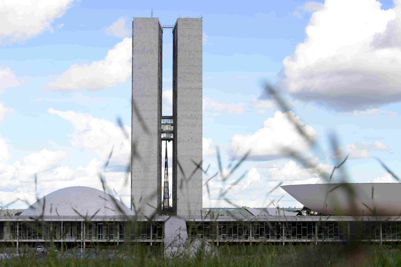imagem: congresso nacional com céu azul de fundo. No meio dos prédios, é possível vislumbrar a bandeira do Brasil