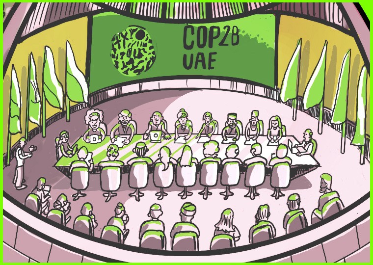 ilustração colorida de reunião da COP28
