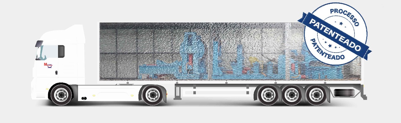 Ilustração de caminhão branco carregando fábrica móvel