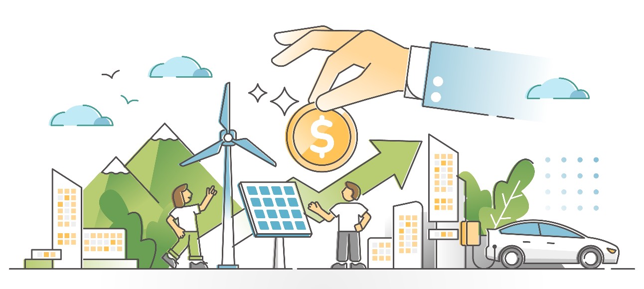 ilustração colorida traz elementos de sustentabilidade, como energia eólica e solar, para ilustrar mercado de carbono