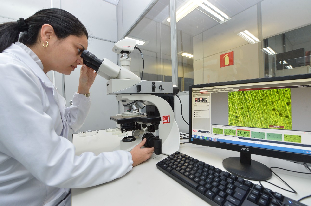 Mulher branca, pesquisadora, vestindo jaleco branco, opera um microscópio em laboratório, com resultados da amostra aparecendo em tela de computador