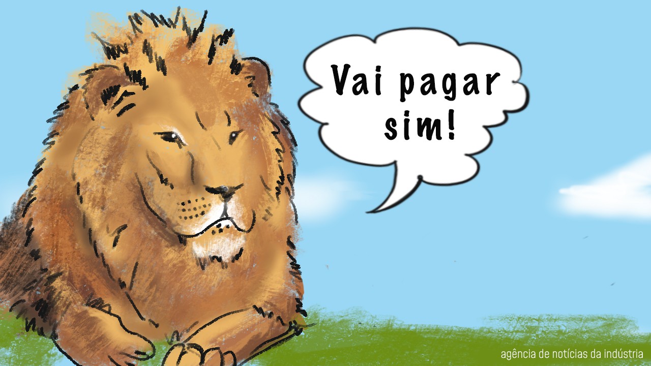 ilustração colorida traz leão no primeiro terço da imagem, deitado na grama, dizendo: "vai pagar, sim"