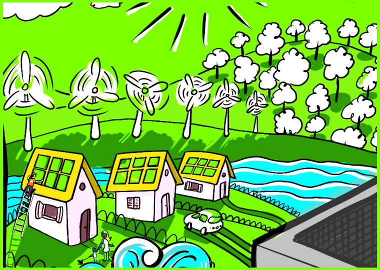 imagem colorida de casas e árvores e hastes girando para produzir energia eólica