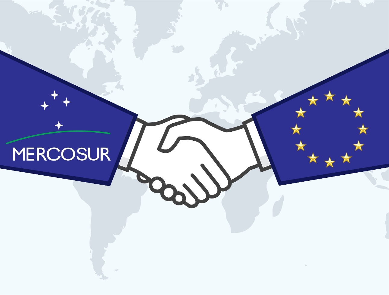 ilustração de um aperto de mão simbolizando, de um lado, o mercosul, de outro, a união europeia