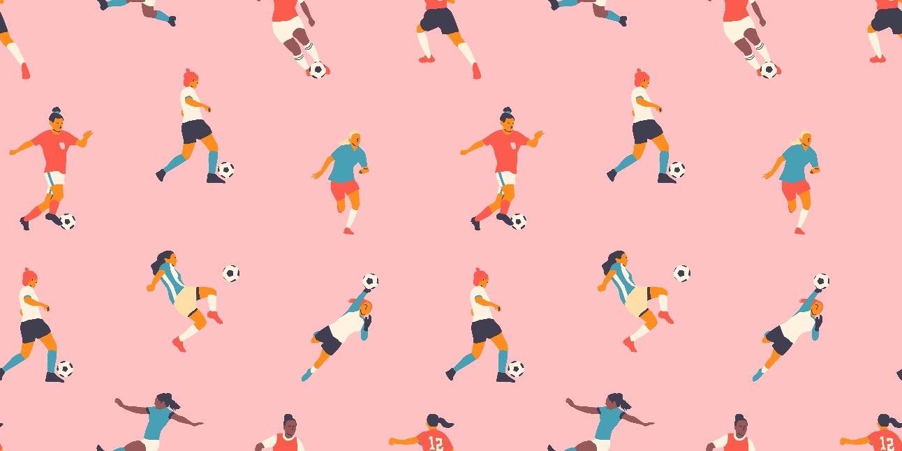 Ilustração com fundo rosa claro e diversas figuras femininas jogando futebol