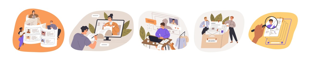 Busca de emprego, recrutamento e conceito de contratação. RH buscando, entrevistando e selecionando candidatos para vagas. Recursos humanos e headhunters trabalham. Ilustrações vetoriais planas isoladas em fundo branco.