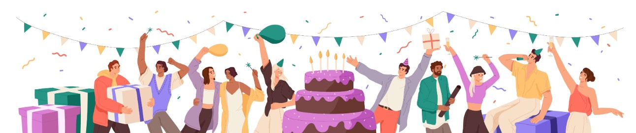 As pessoas estão no banner da festa de aniversário. Amigos felizes comemoram aniversário, abraço de alegria. Parabéns pelo feriado com bolo festivo, presentes, confetes, balões. Ilustração vetorial plana isolada em branco