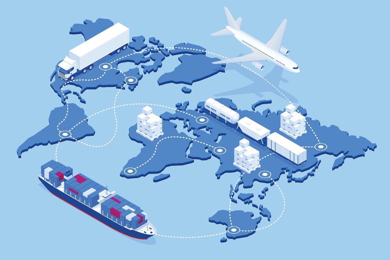 Ilustração em tons de azul do mapa global com meios de transporte, como avião e navio
