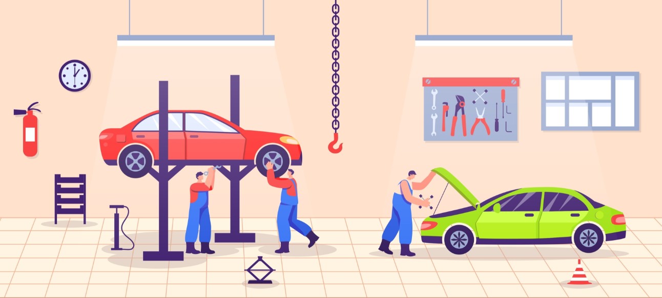 Serviço de reparo automotivo. Personagens masculinos de desenho animado uniformizados consertando veículos na estação. Mecânicos verificando rodas. Homem abrindo o capô para inspeção de transporte. Vetor de diagnóstico profissional