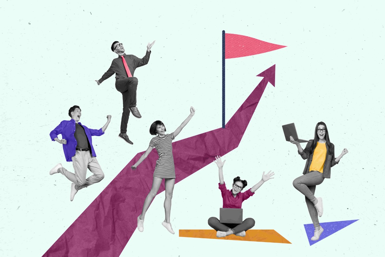 Arte criativa de colagem fotográfica 3D, pôster, cartão postal, imagem de muitas pessoas felizes comemorando o sucesso, isoladas em fundo de pintura