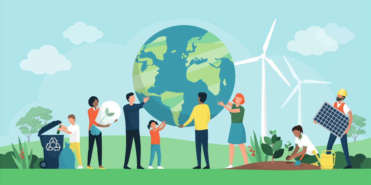 Ilustração com diversas pessoas com elementos de sustentabilidade, como lixo reciclável, placas de energia solar e o globo atrás