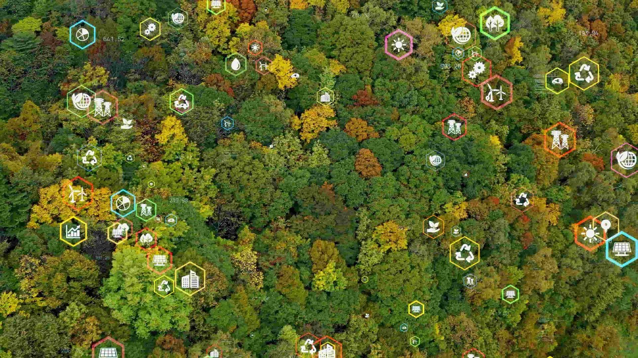 Copa das árvores com ícones de sustentabilidade ilustrados