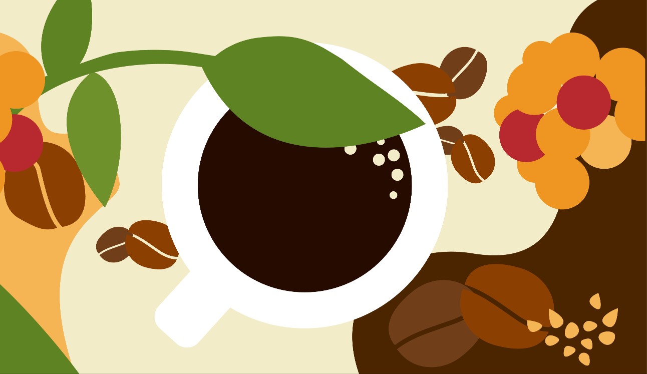 ilustração colorida traz uma xícara branca de café vista de cima, com grão de café e flores em volta